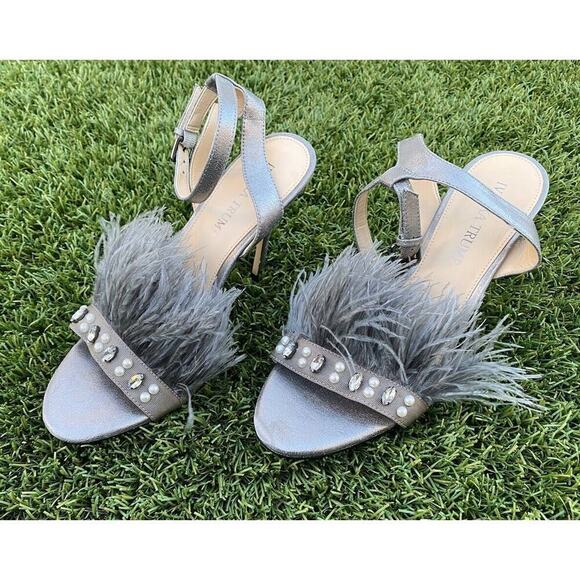 Ivanka Trump KASIE Pewter Multy Suede Jeweled Ostrich Feather High Heels Size 8M - Picture 3 of 10